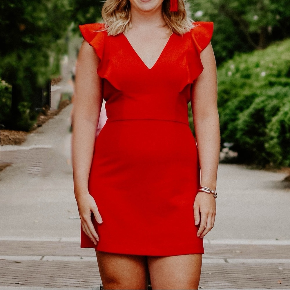 French Connection Whisper Ruffle V Neck Dress